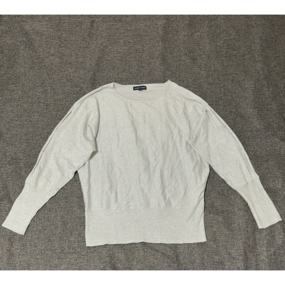 Black Rivet Womens Large Sweater Ivory Metallic Lurex Knit Dolman Cold Shoulder